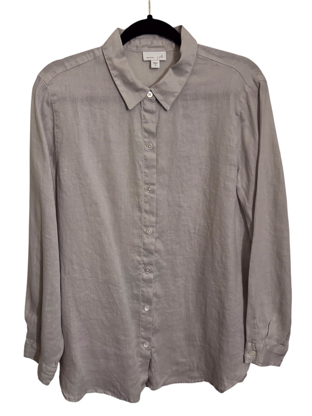 J. Jill Size Medium Love Linen Top Button Up Gray Long Sleeve Coastal Beach